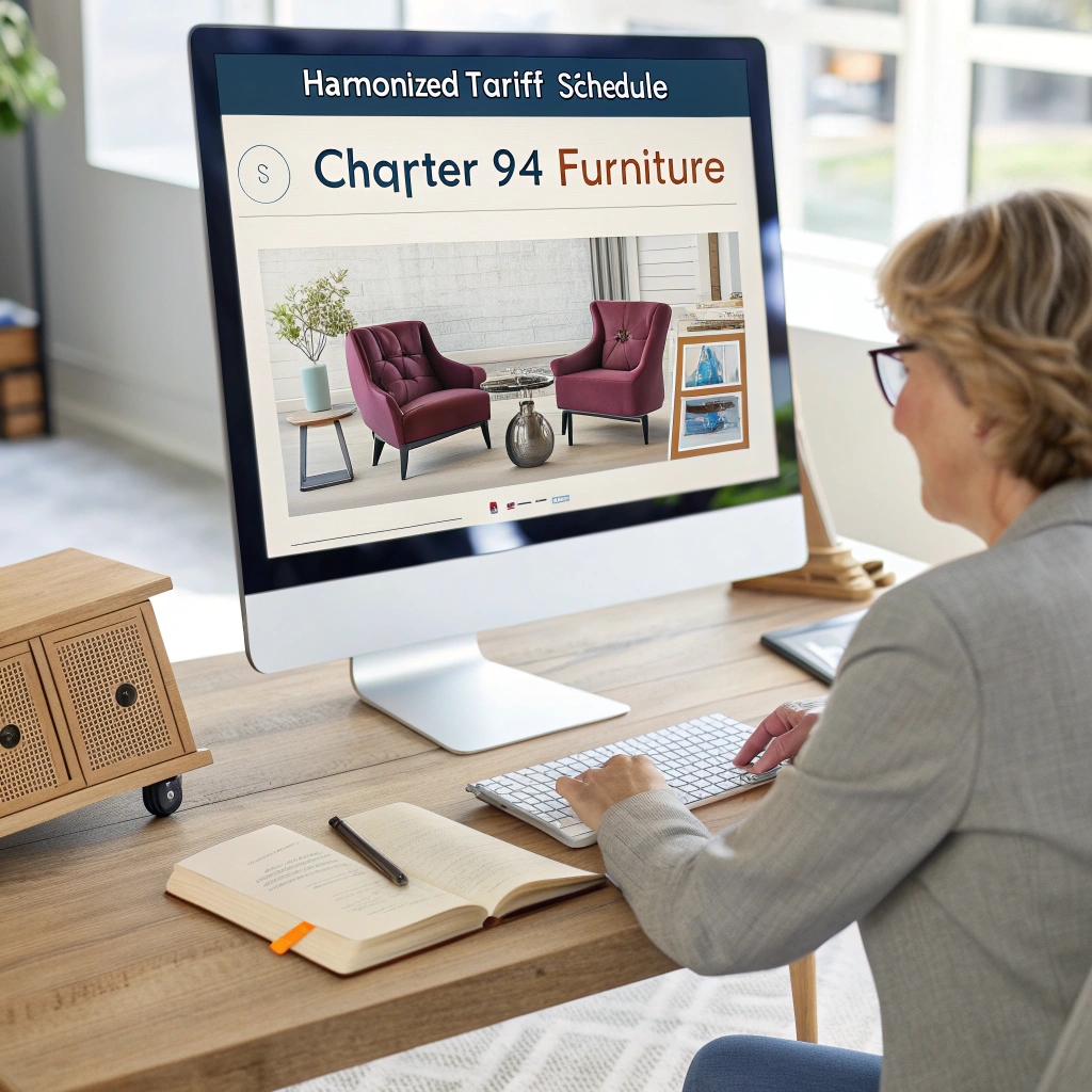 Person examining furniture tariff codes on computer