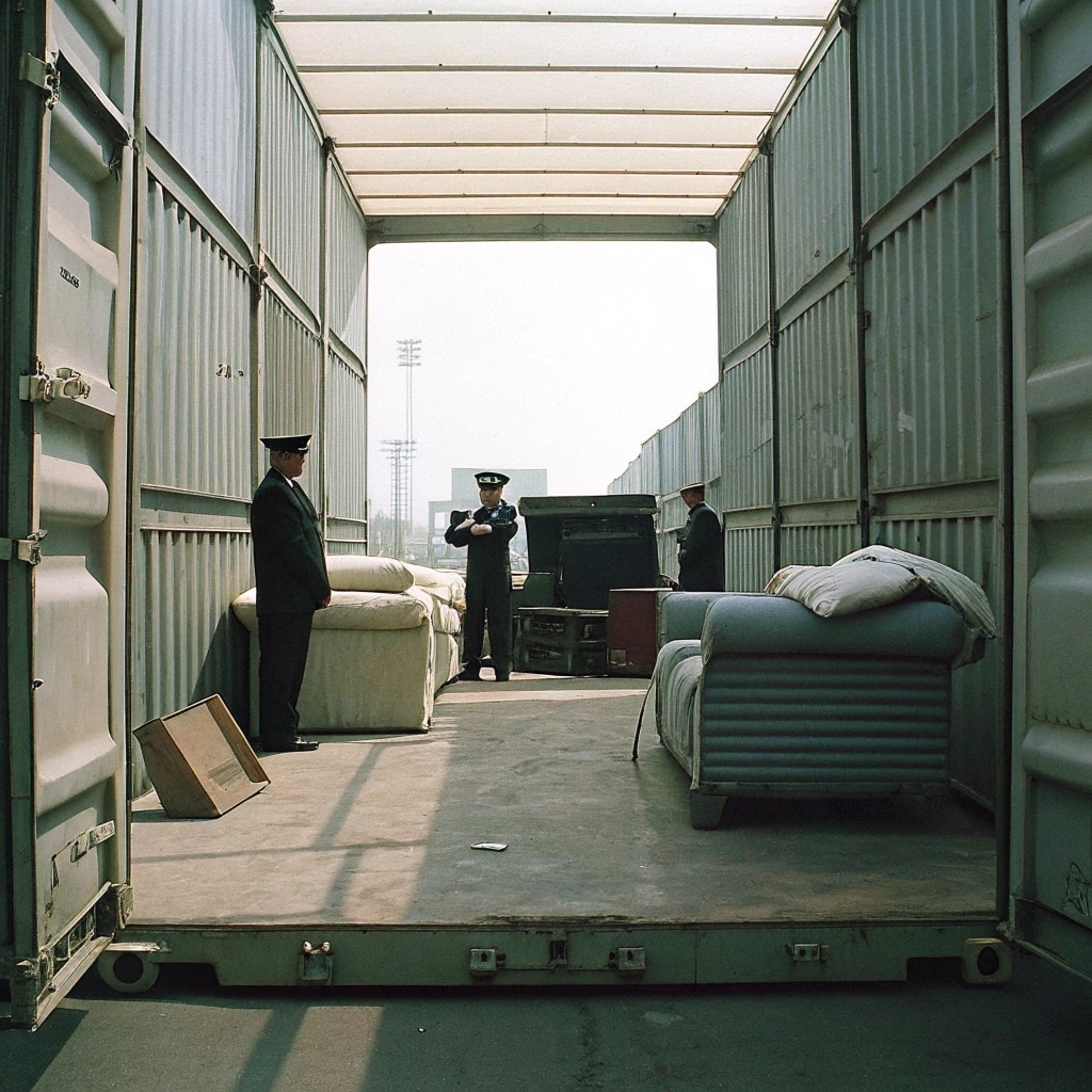 Shipping containers with furniture being inspected at customs