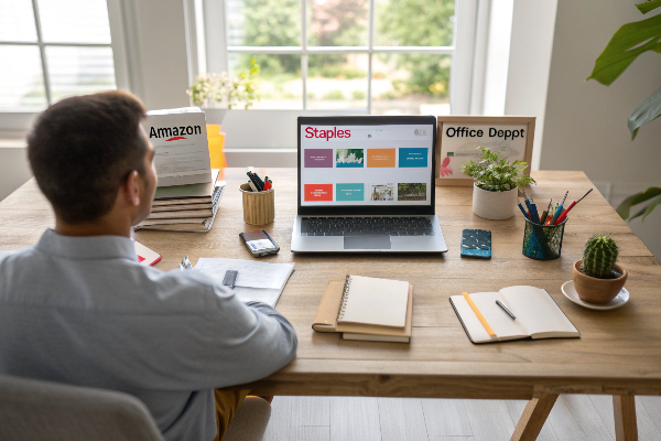 Person comparing office supplies on multiple browser tabs