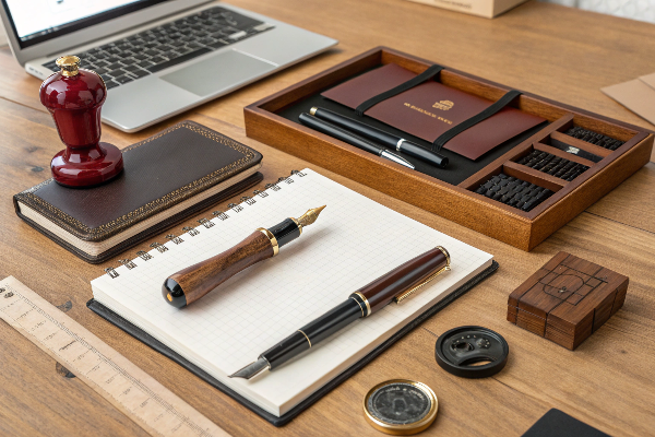 Specialty office supplies including fountain pens and unique organizers